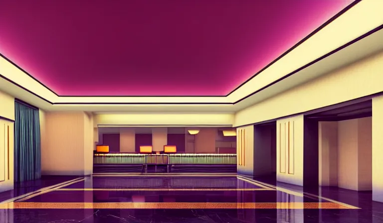 Image similar to a beautiful, sharp focus, clean lines. the interior of a vast 1 9 4 0 s art deco luxury hotel lobby. vaporwave ombre rendering. outrun style. trending on artstation. recommended for you behance. wes anderson colors. by chris moore. by edward hopper. ambient occlusion. digital matte painting. metropolis filmic. gotham city.