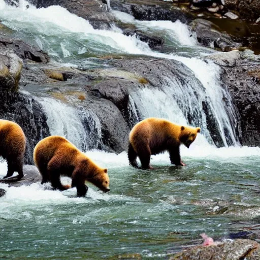 Prompt: hundreds of bears catching a salmon at the top of a small waterfall in alaska, national geographic photo, detailed 4 k