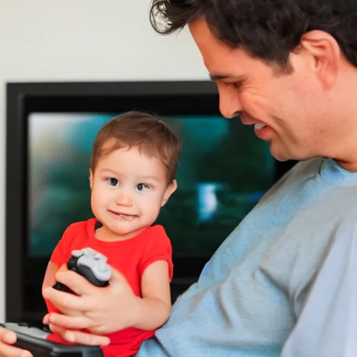 Image similar to man holding baby while playing his game console