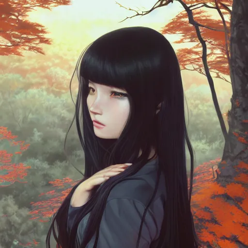 Image similar to a beautiful girl with long dark hair, wearing a black outfit, forest background, intricate, highly detailed, digital painting, artstation, official media, anime key visual, concept art, rich vivid colors, ambient lighting, sharp focus, illustration, art by Artgerm, Makoto Shinkai, Ilya Kuvshinov, Lois Van Baarle, and Rossdraws