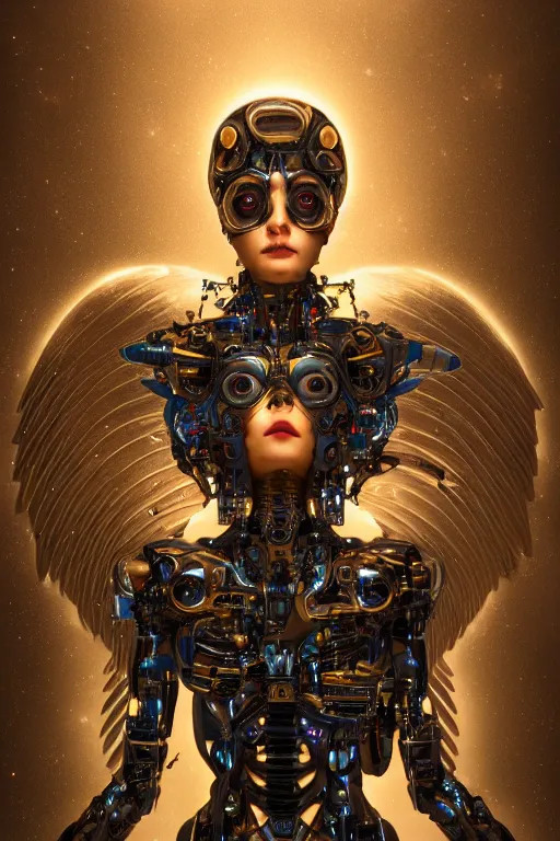 Image similar to a beautiful ultradetailed fine art photo of a cybernetic cyborg angel set against galactic space, by tom bagshaw and zach sutton, portrait, soft backlighting, cybernetic implants on the face, 5 0 mm lens, golden ratio composition, detailed faces, studio lighting, very detailed, mechanical robot neon wings, artstation, 8 k, highly coherent