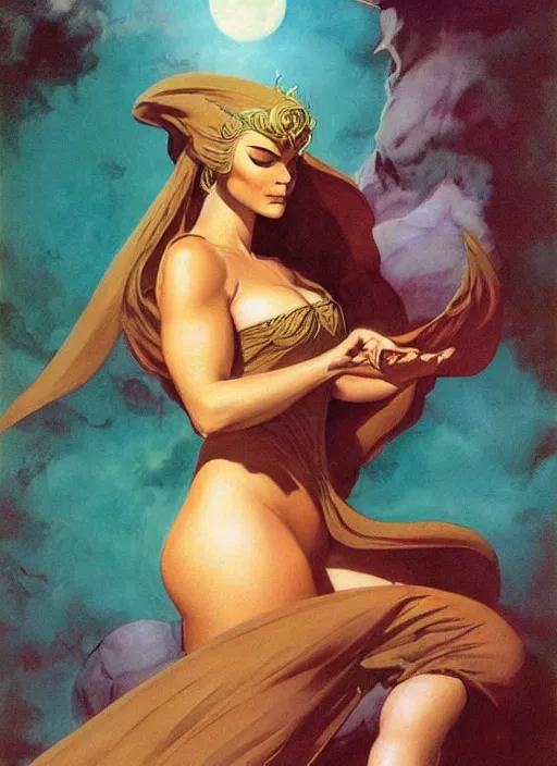 Image similar to portrait of plump norse goddess of the moon, teal robe and veil, strong line, deep color, beautiful! coherent! by frank frazetta, by boris vallejo