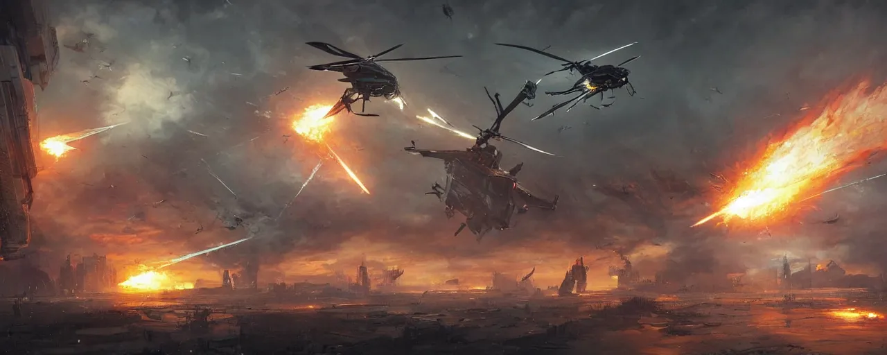 Image similar to a futuristic cyberpunk helicopter in war scene, epic scene, big explosion, by greg rutkowski