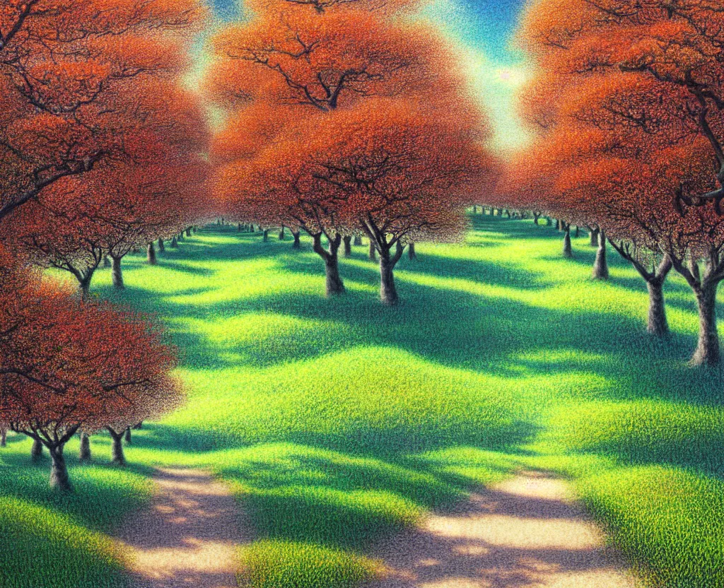 Image similar to a landscape pastel in the style of noriyoshi ohrai, mark tedin and bob ross of an orchard where all the trees are made of chrome metal. a path leads through th eorchard key art. 4 k retrofuturistic fantasy