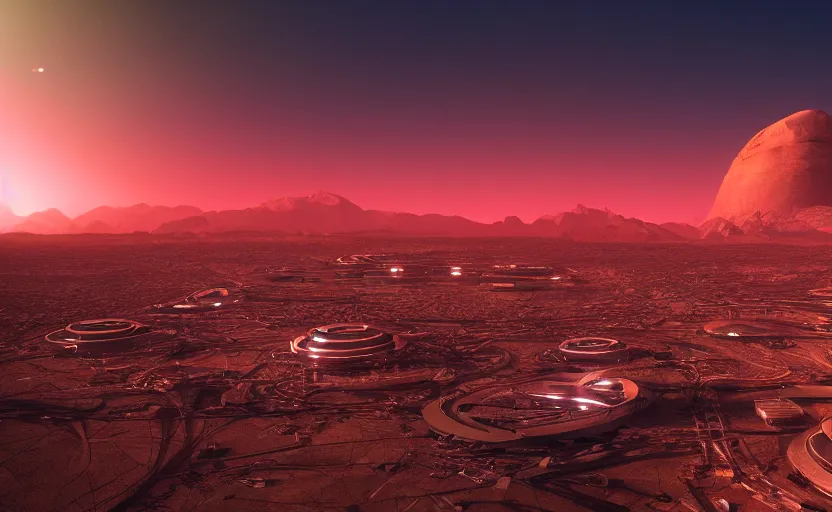 Image similar to a beautiful photo of a sci - fi scientific industrial facility localized in a desert, mountains in the background, patches of yellowish - red - magenta sky, sunset lighting, detailed, hazy, volumetric lighting, god rays, 8 k, cinematic