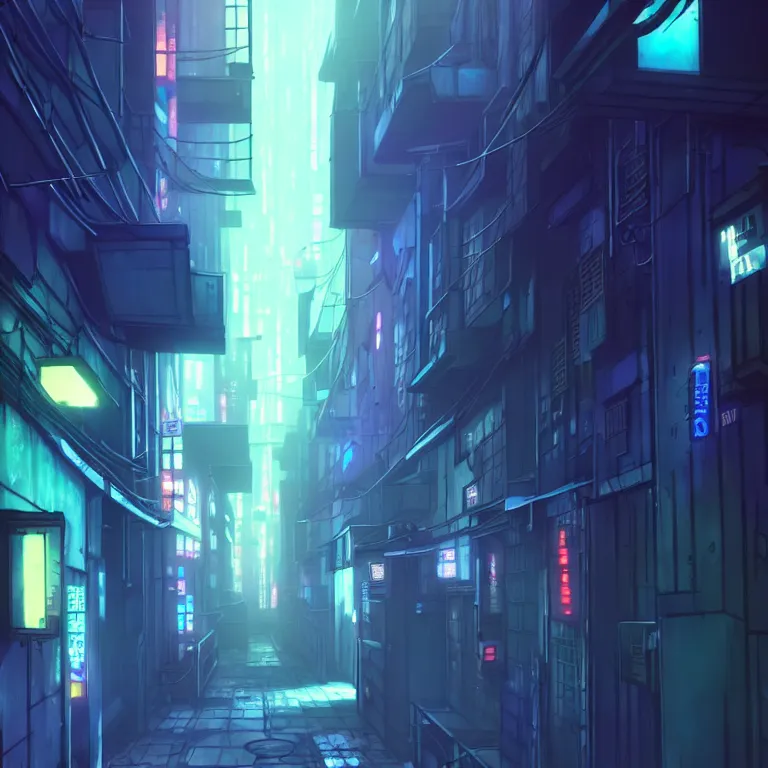 Image similar to city alleyway in the atmospheric cyberpunk anime film, gouache matte background painting, neon noir, at night with lights, by makoto shinkai, in the anime series ergo proxy, beautiful specular edge highlights and rim lighting