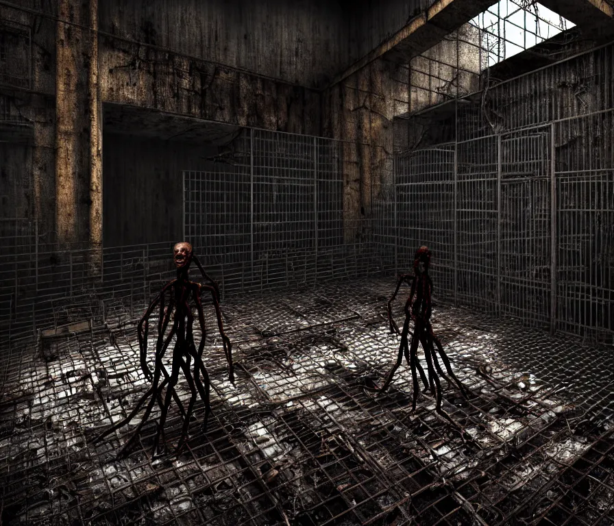 Image similar to creepy humanoid with long limbs sits on the floor. An underground very dark gloomy multi-layered structure of rusty thick iron grates, dense chain-link fencing and peeling walls. Inside view, collapsed floors, bent rusted iron, masterpiece, black background, corners, cinematic, hyperdetailed, photorealistic, hyperrealism, octane render, 8k, depth of field, bokeh, architecture, shadows, art by Zdzisław Beksiński, Arthur Rackham, Dariusz Zawadzki