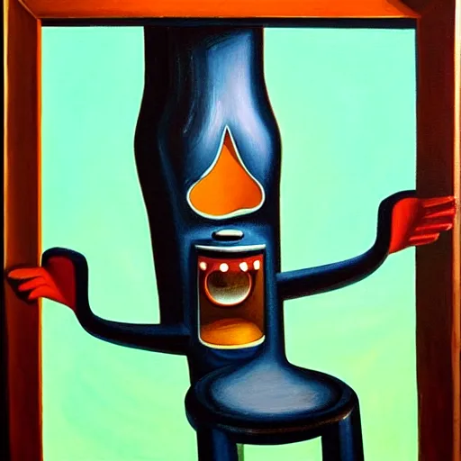 Image similar to a tin can character with a face and arms, opening its mouth, surrealist oil painting