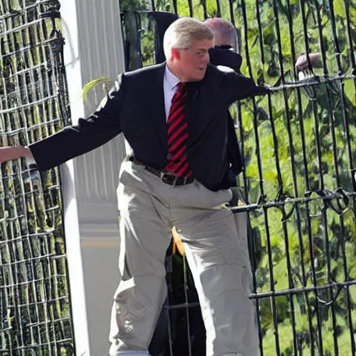 Image similar to a splinter cell tom Clancy operative scaling the fence at mar a lago to shake Donald trump's hand photo