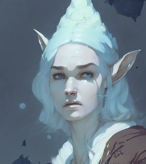 Image similar to portrait of a elven mage ( dragon age ) by atey ghailan, by greg rutkowski, by greg tocchini, by james gilleard, by joe fenton, by kaethe butcher, dynamic lighting, gradient light blue, brown, blonde cream and white color scheme, grunge aesthetic