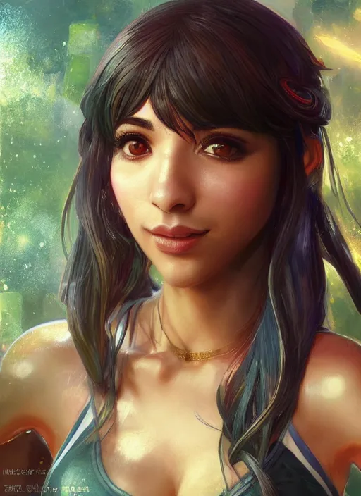 Image similar to hannah simone, from league of legends, hyper detailed, digital art, trending in artstation, cinematic lighting, studio quality, smooth render, fluorescent skin, unreal engine 5 rendered, octane rendered, art style by klimt and nixeu and ian sprigger and wlop and krenz cushart