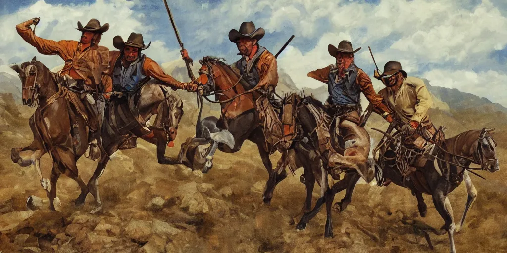 Prompt: three cowboys fighting in the mountain pass, grim, in the style of Fredrick Remington