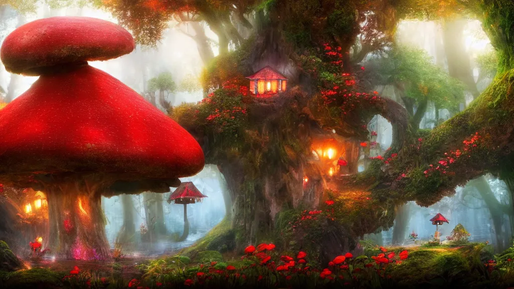 Image similar to fantasy red toadstool cottage suspended in the air, like in Avatar movie, foggy atmosphere, volumetric lighting, fantasy artwork, very beautiful scenery, very realistic, hd, hdr, cinematic 4k wallpaper, 8k, ultra detailed, high resolution