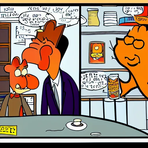 Image similar to garfield hanging out with jon stewart in the cartoon style of the new yorker