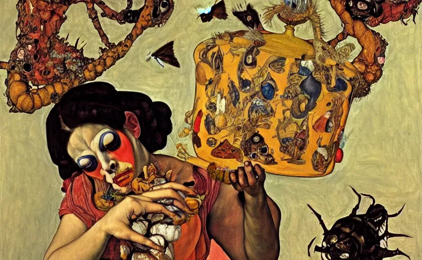 Prompt: a painting of pandora opening her jar, releasing monsters and critters that impersonate sickness and death, misery, she is fully dressed, in the style of realism and a masterpiece by artemisia gentileschi and egon schiele, the face is painted by artemisia gentileschi and james jean, critters flying around, the jar is big and clearly visible
