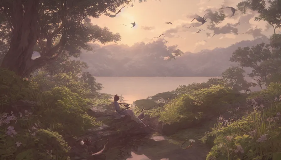 Prompt: john james audubon, serene evening atmosphere, soft lens, soft light, cel - shading, animation, in the style of cgsociety, deviantart, artstation, zbrush, cinema 4 d, studio ghibli, akihiko yoshida, atelier lulua, masamune shirow