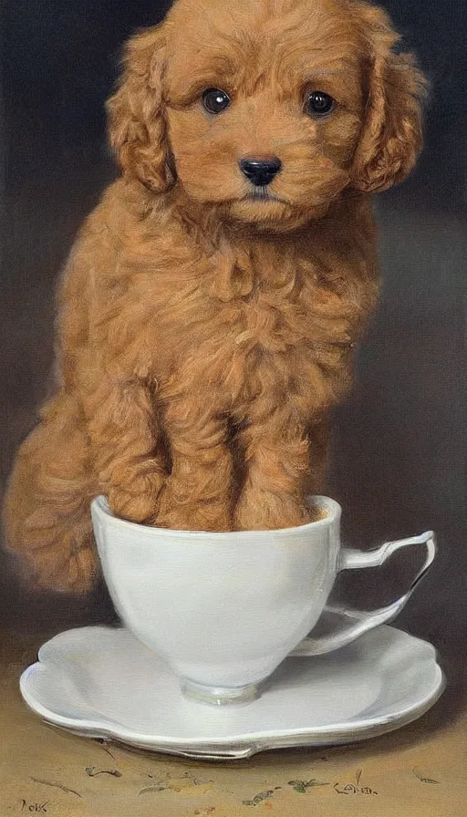 Image similar to painting of tiny goldendoodle dog in a teacup, by Peder Krøyer, dramatic lighting, golden hour, adorable, intricate detail, canvas print