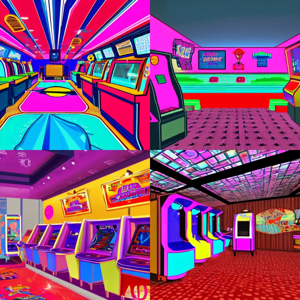 Prompt: a diner in the style of a 1980s arcade, star carpet, vaporwave