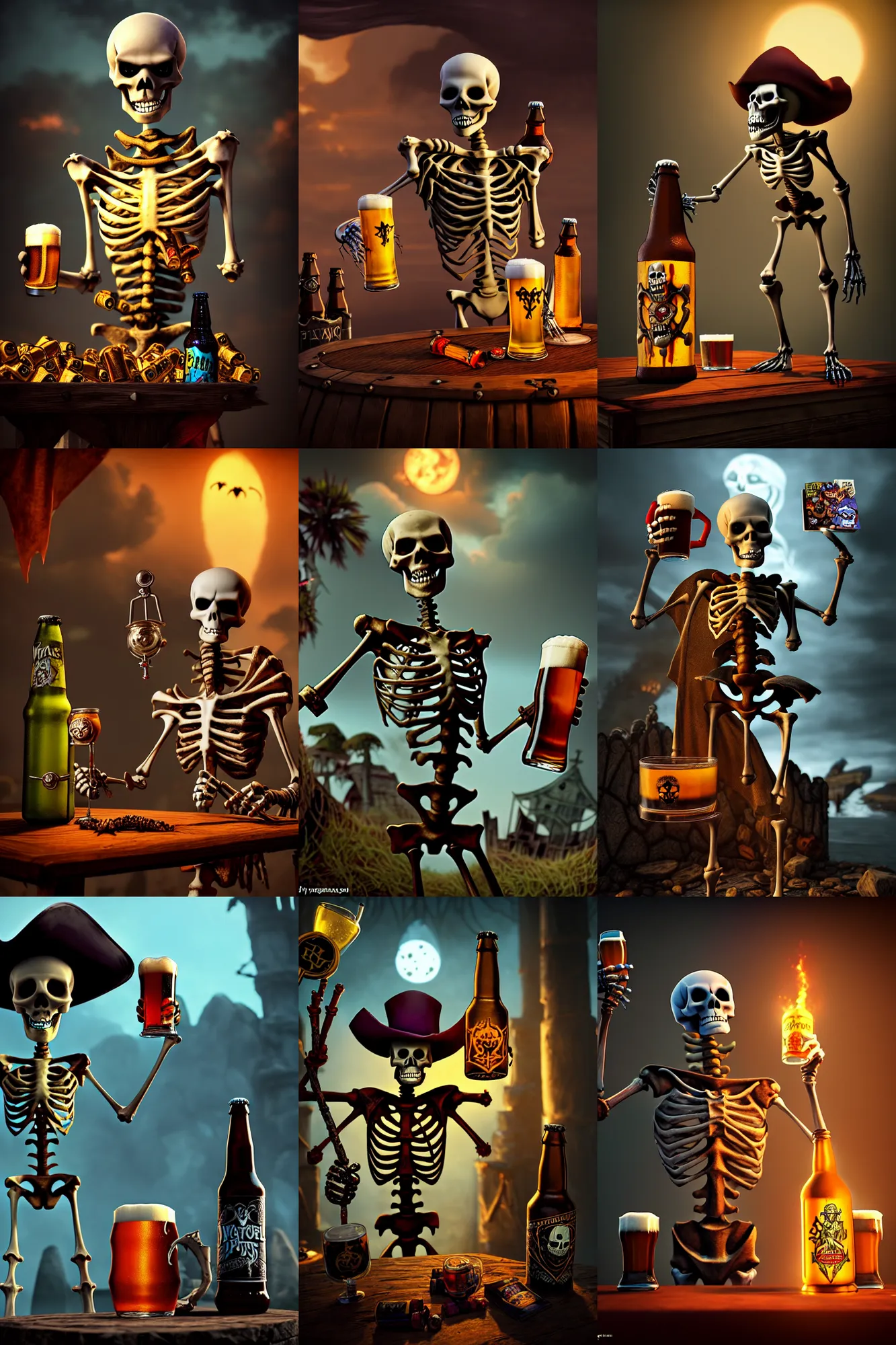 Prompt: An epic fantasy comic book style skeleton gothic pirate with its beer treasure, making potion for the well served people of the darkness, awesome pose, character design by Mark Ryden and Pixar and Hayao Miyazaki, unreal 5, DAZ, hyperrealistic, octane render, cosplay, RPG portrait, dynamic lighting, intricate detail, summer vibrancy, cinematic