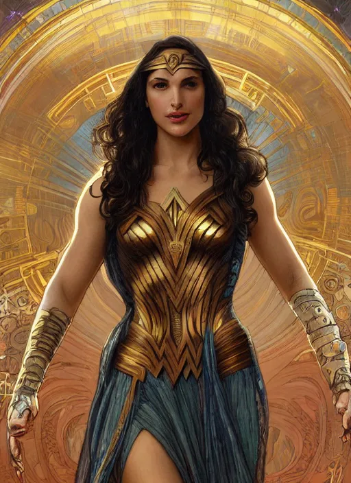 Prompt: Gal Gadot as God of Beauty, cute, fantasy, intricate, elegant, highly detailed, digital painting, 4k, HDR, concept art, smooth, sharp focus, illustration, art by alphonse mucha,artgerm, H R Giger