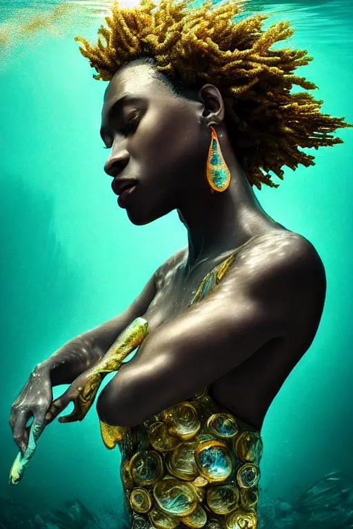 Image similar to hyperrealistic cinematic half underwater scene with fish and algae, very expressive! translucent elegant african goddess getting out of water, gold jewerly, highly detailed face, digital art masterpiece, aykut aydogdu zener, dramatic volumetric light, long shot, low angle uhd 8 k, sharp focus