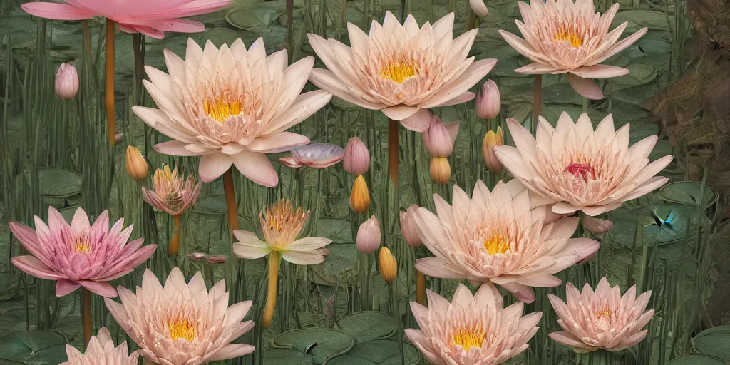 Image similar to breathtaking detailed concept art painting art deco pattern of blonde faces goddesses amalmation water lily flowers with anxious piercing eyes and blend of flowers and birds, by hsiao - ron cheng and john james audubon, bizarre compositions, exquisite detail, extremely moody lighting, 8 k