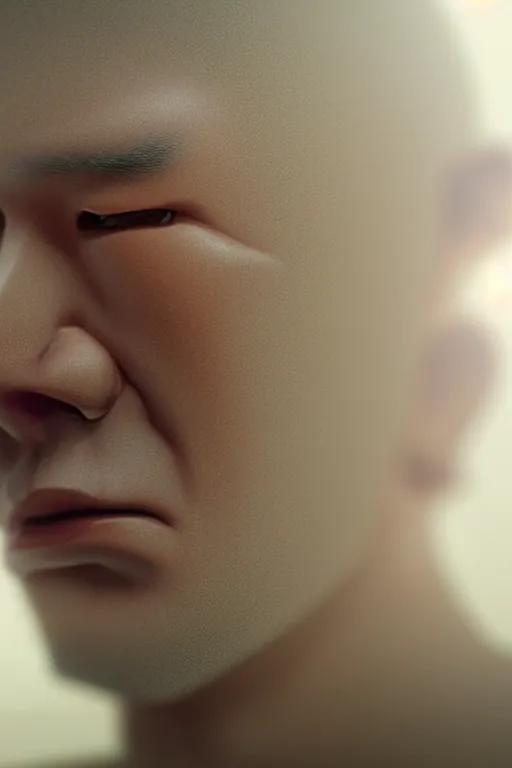 Image similar to hyperrealistic close-up translucent hard exoskeleton!! sad chinese man covered highly detailed concept art eric zener elson peter cinematic side soft yellow light high angle hd 8k sharp shallow depth of field