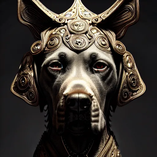 Image similar to dog as a god, very detailed face, detailed features, fantasy, circuitry, explosion, dramatic, intricate, elegant, highly detailed, digital painting, artstation, concept art, smooth, sharp focus, illustration, art by gustave dore, octane render