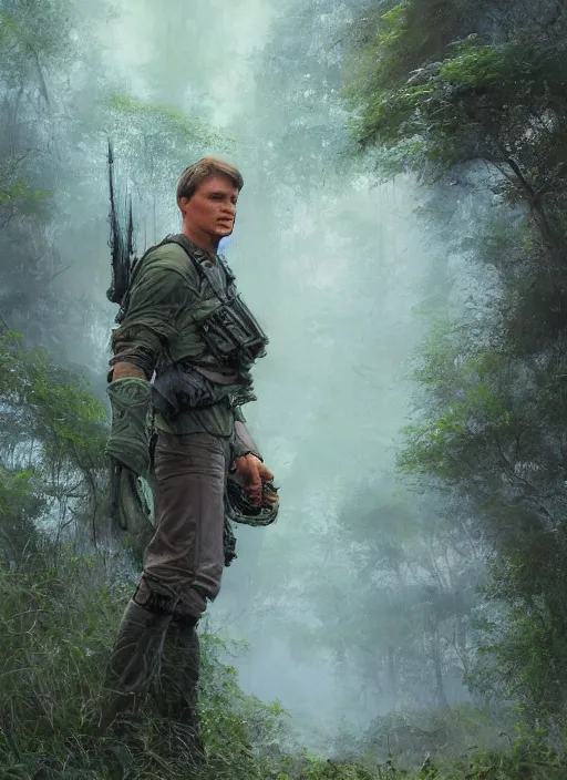 Image similar to portrait of a young richard dean anderson wearing a green combat uniform, in a post appocalyptic city overgrown by plants, by stanley artgerm lau, by wlop, by luis royo, by greg rutkowski, cover illustration, concept art, volumetric lighting, volumetric atmosphere, sharp focus, octane render, trending on artstation, 8 k