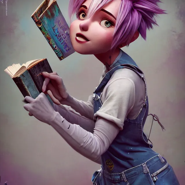 Image similar to full body pose, beautiful adult fairy, pixar, short white hair shaved sides, dirty, grungy, grunge, long sleeve, painted overalls, stacks of giant books, highly detailed, 4 k, hdr, smooth, sharp focus, high resolution, award - winning photo, artgerm, photorealistic