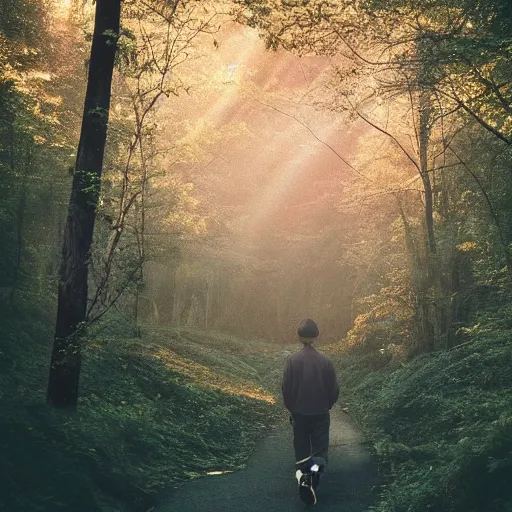 Image similar to 1 9 9 0 s candid 3 5 mm photo of a beautiful forest in tokyo, cinematic lighting, cinematic look, golden hour, the clouds are epic and colorful with cinematic rays of light, a man walks down the center of the forest with a beanie on, photographed by petra collins, uhd