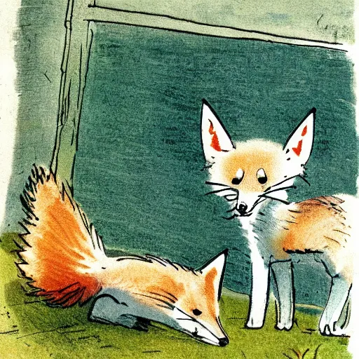 Prompt: story about a cute fox illustrated by Edward Ardizzone