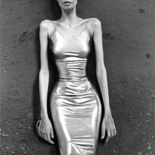 Image similar to a highly detailed unreal engine symmetric portrait of a long legged freaky goddess in a latex dress in an endless galaxy, henry cartier bresson