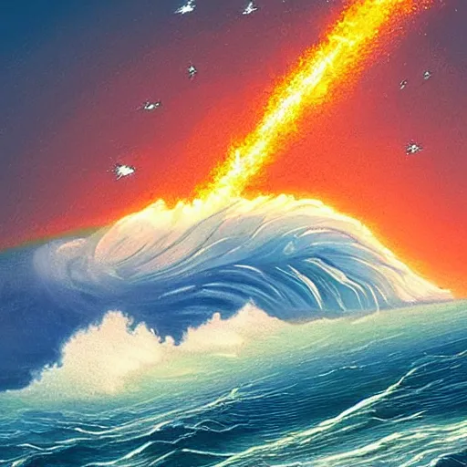 Image similar to a meteor striking the ocean causing large waves to form, highly detailed