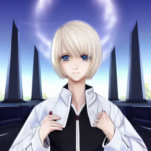 Image similar to aristocratic platinum - blonde - haired bob cut blue - eyed princess wearing white leggings and black jacket, standing next to communist monument, anime, hd anime wallpaper, hyperrealistic lighting, drawn by artgerm