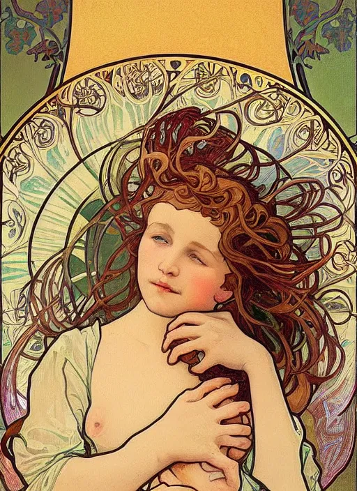 Prompt: an art nouveau painting by alphonse mucha in the style of newborn photography