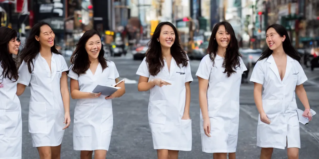 Prompt: 3 beautiful young woman plaque doctors wearing white wet short sun dresses walking toward the camera in the streets of new york, ultra realistic, 8 k, nikon d 3 0 0,