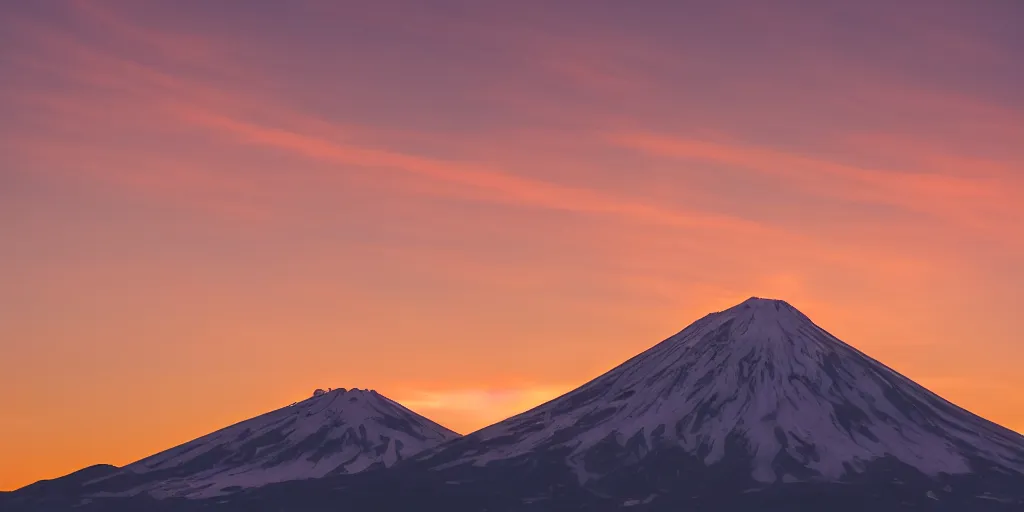 Prompt: professional photo of a snow topped volcano lit by the sunset