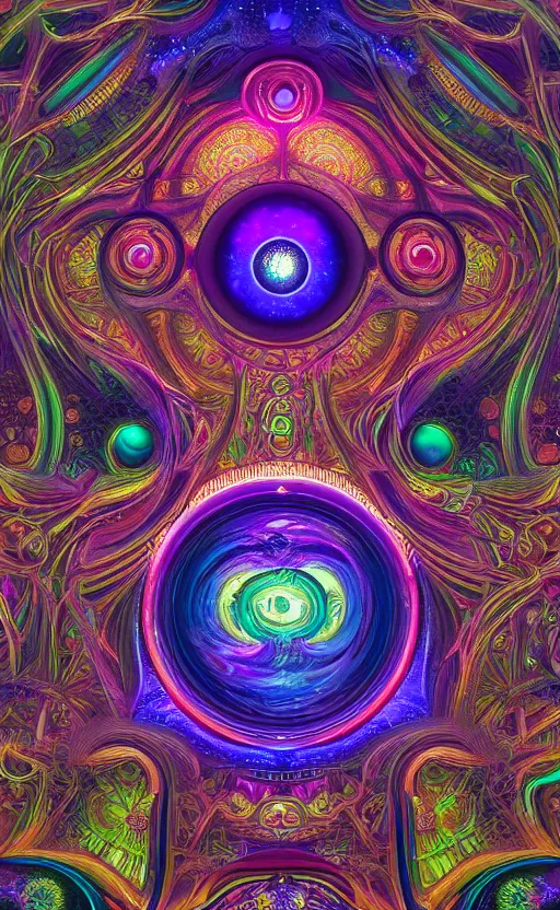 Prompt: visionary eye sacred geometry of a mandelbulb eco - system in a nebula of neon psychedelic colors with precise details, perfect symmetry, dmt 5 th dimension, vivid colors, neon colors, by alphonse mucha and gustave dore, unreal engine 8 k hdr psychedelic photorealism