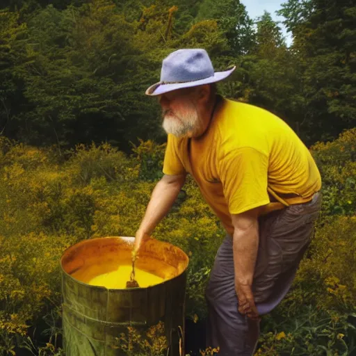 Prompt: a beautiful still image from an award winning nature documentary of a billhorn collecting yellow honey