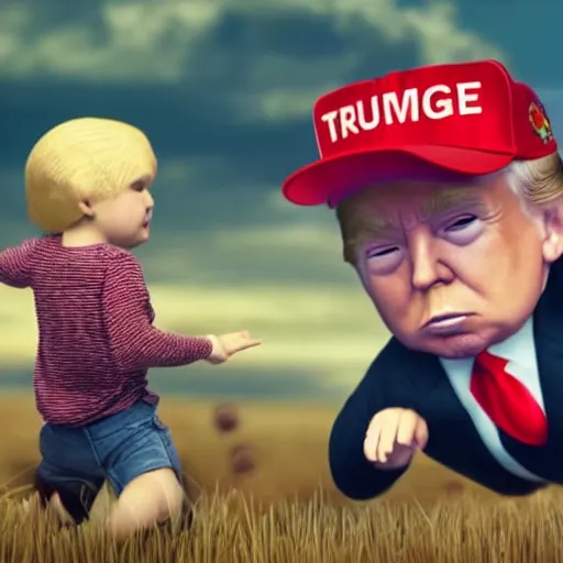 Image similar to trump chasing a child, octane render, highly detailed, hyper realistic.