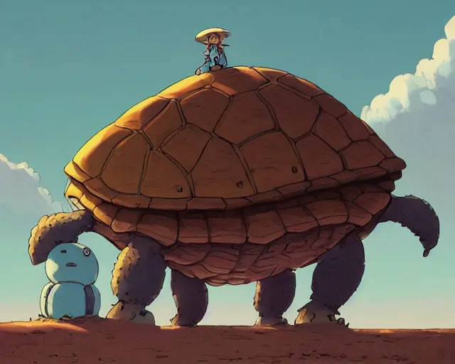 Image similar to a cell shaded cartoon giant turtle from howl's moving castle ( 2 0 0 4 ), on a desert road, illustration, wide shot, subtle colors, post grunge, concept art by josan gonzales and wlop, by james jean, victo ngai, highly detailed, sharp focus, trending on artstation, hq, deviantart, art by artgem