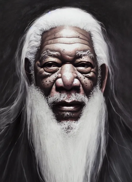 Image similar to medium camera shot of evil morgan freeman as evil wizard saurman the white, long white hair and white beard, beautiful pure white warlock flowing robes, by alan lee, lord of the rings, smooth, oil painting, matte painting, concept art, trending on artstation, promotional artwork, film still, elegant, photorealistic facial features, intricate, detailed face, dramatic lighting