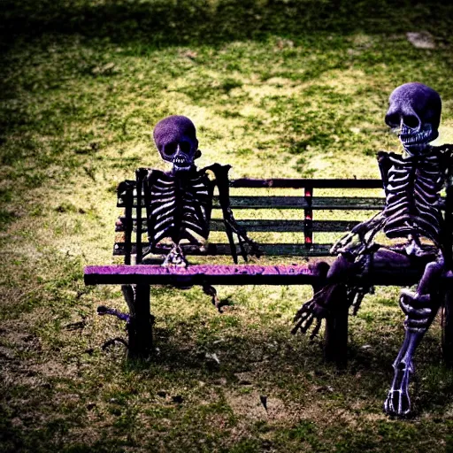 Prompt: Two grunge skeletons of lovers, sitting on a park bench for a very long time, holding by their hands, starting to decay, partially covered with dust, moss, dirt and spider webs, cinematic lighting, photo realistic image, super detailed, cinematic look H 1024