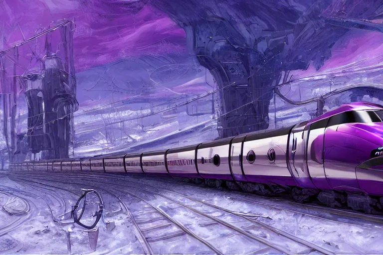 Prompt: willy wonka's grand intricate futuristic purple colorful bullet train, post - apocalyptic ice landscape in snowstorm, concept art, artstation, highly detailed, digital art