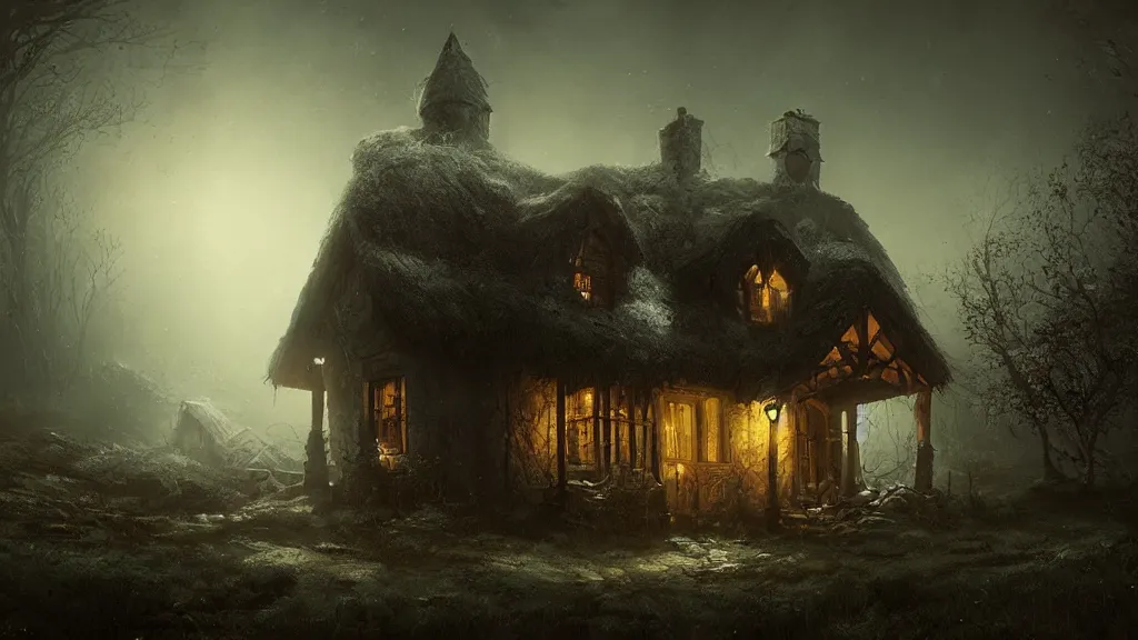 Image similar to A dark decrepit cottage on a hilltop at night, by Bastien LeCouffe-Deharme, hyperrealistic, Cryengine 8k UHD