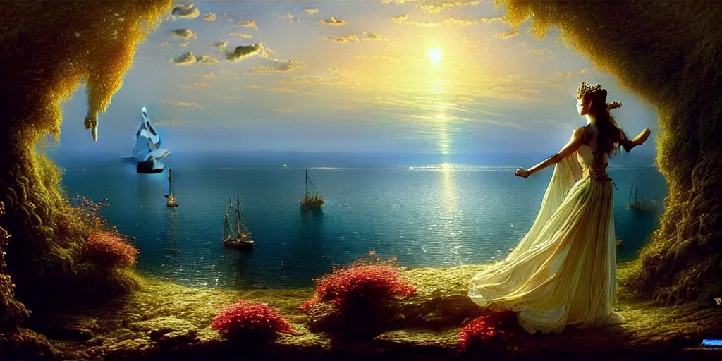 Prompt: an elegant fairy queen in a blue lace dress dancing looking out at a lord of the rings scenery landscape, staring across the sea at a sail boat, sunrise, god's rays highly detailed, vivid colour, soft clouds, floral sunset, cinematic lighting, perfect composition, gustave dore, derek zabrocki, greg rutkowski, belsinski