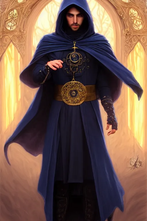 Prompt: handsome male mage fighting, long black hair blue eyes wearing cloth mantle gothic navy cloak with gold details, tree town, fantasy character portrait, ultrarealistic, intricate details, elegant, cinematic lighting, highly detailed, artstation, cgsociety, sharp focus, beautiful digital painting by artgerm, gerald brom, wlop, alphonse mucha