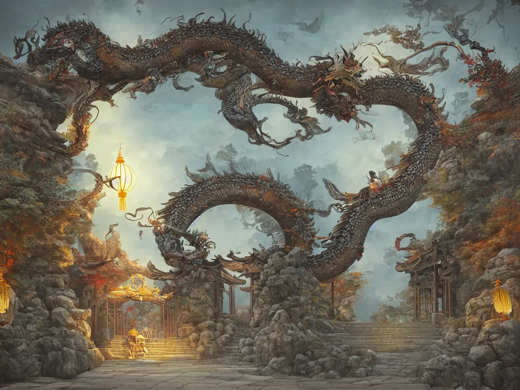 Image similar to tang dynasty shinto gate at the top of many stone steps, a chinese dragon flies behind by peter mohrbacher and dan mumford and nekro, cgsociety, volumetric light, 3 d render