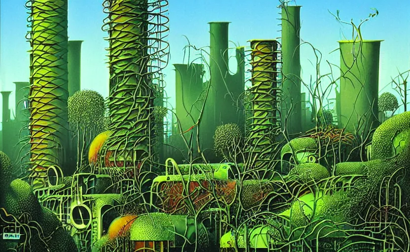 Image similar to industrial buildings surrounded by undergrowth by roger dean